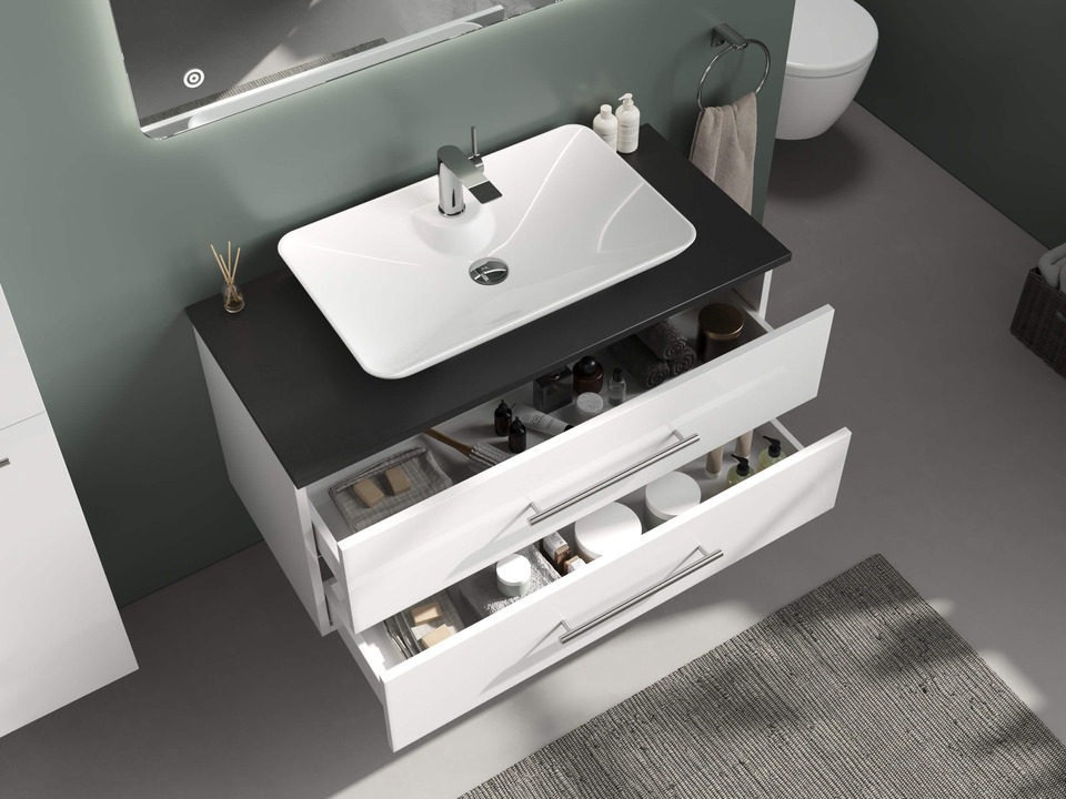 Flex Badm&ouml;bel 100, Wei&szlig; Hochglanz, Keramik Waschbecken, Natursteinplatte