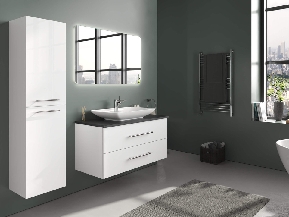 Flex Badm&ouml;bel 100, Wei&szlig; Hochglanz, Keramik Waschbecken, Natursteinplatte