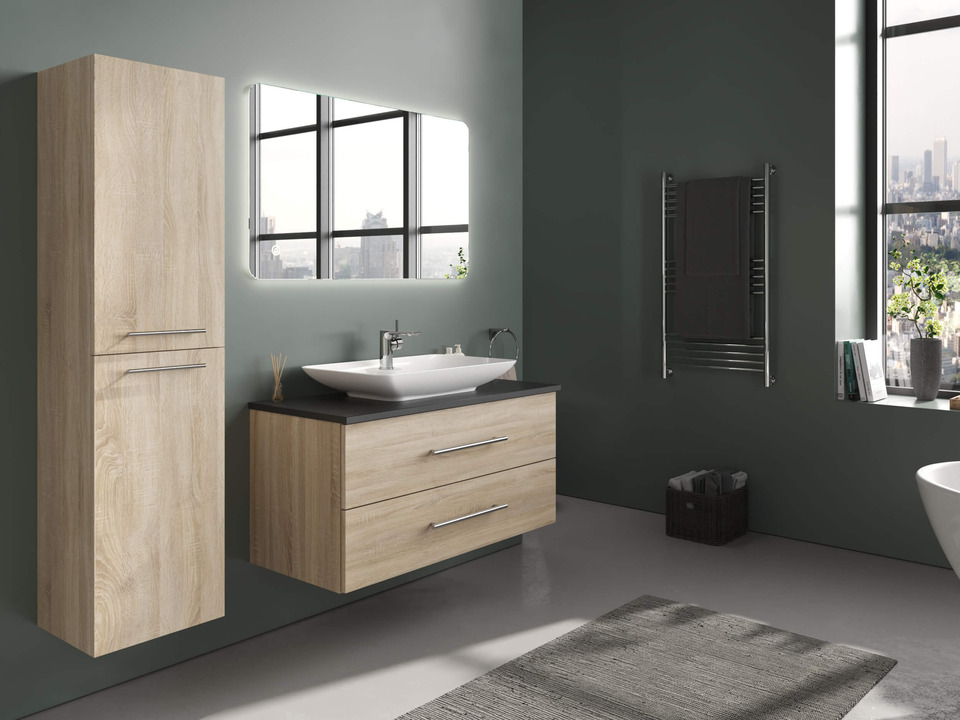 Flex Badm&ouml;bel 100, Eiche Gold, Keramik Waschbecken, Natursteinplatte