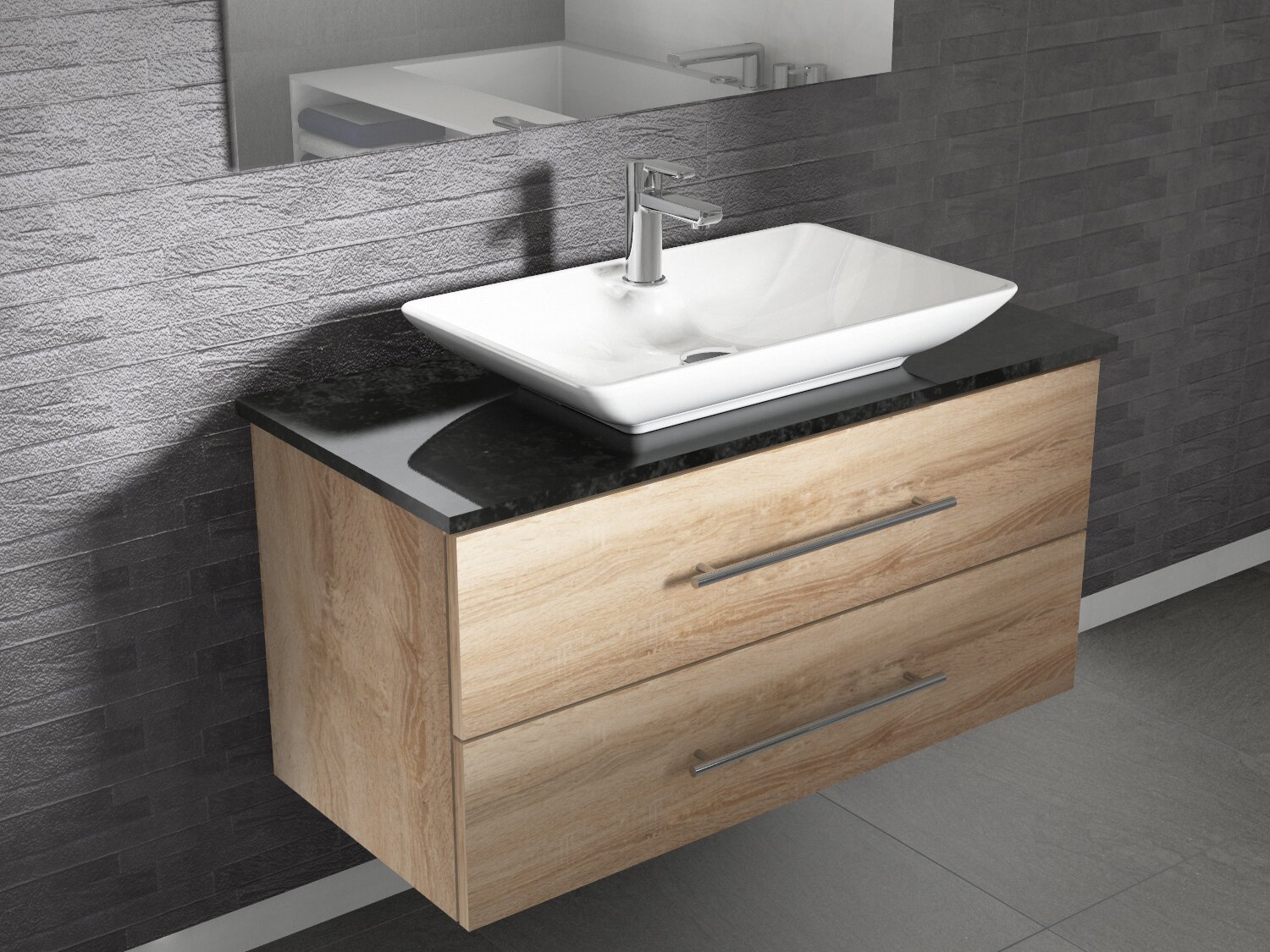 Flex Badm&ouml;bel 100, Eiche Gold, Keramik Waschbecken, Natursteinplatte