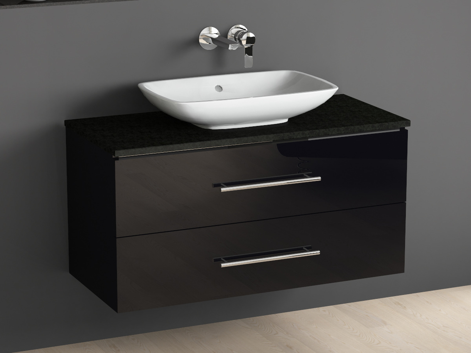 Aqua Bagno Badm&ouml;bel 120.2 mit Granit Waschtischplatte und Villeroy Boch Loop&amp;Friends Keramik Aufsatzwaschtisch