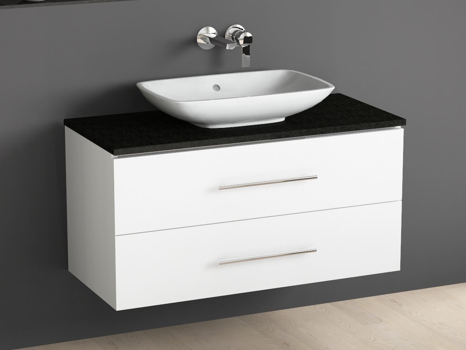 Aqua Bagno Badm&ouml;bel 120.2 mit Granit Waschtischplatte und Villeroy Boch Loop&amp;Friends Keramik Aufsatzwaschtisch