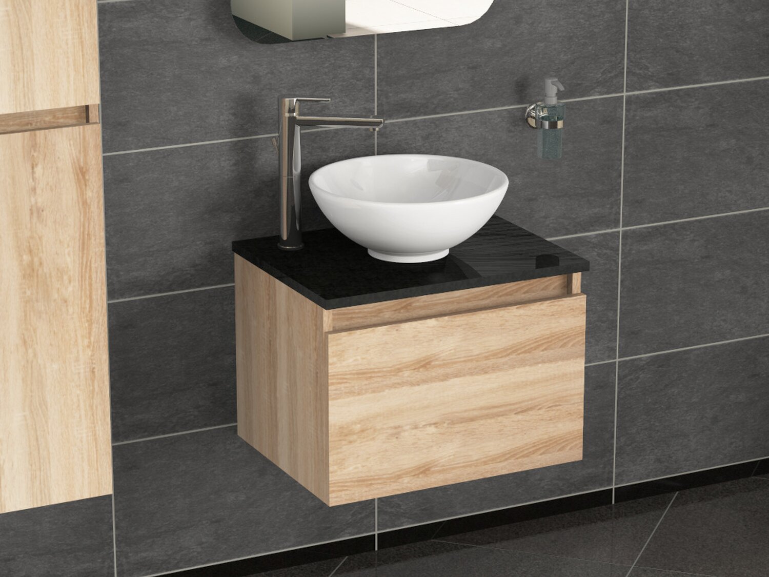 Mia Badm&ouml;bel 57, Eiche Gold, Keramik Waschbecken, Natursteinplatte