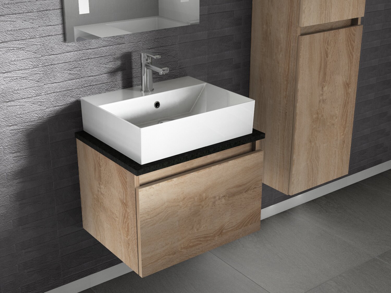 Mia Badm&ouml;bel 57, Eiche Gold, Keramik Waschbecken, Natursteinplatte