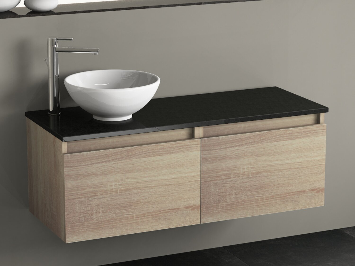 Mia Badm&ouml;bel 115, Eiche Gold, Keramik Waschbecken, Natursteinplatte