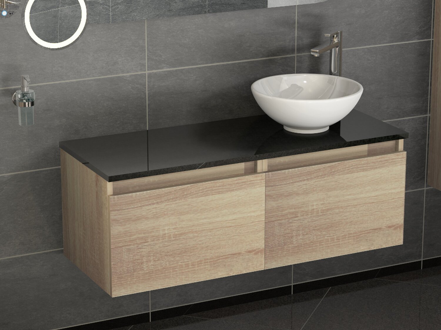 Mia Badm&ouml;bel 115, Eiche Gold, Keramik Waschbecken, Natursteinplatte