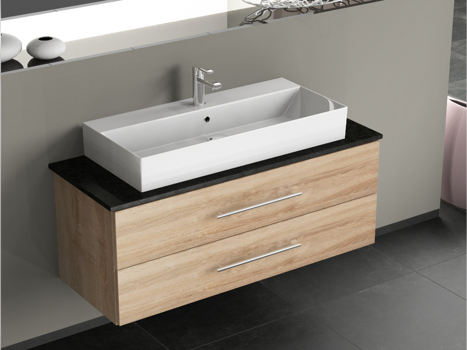 Flex Badm&ouml;bel 120, Eiche Gold, Keramik Waschbecken, Natursteinplatte