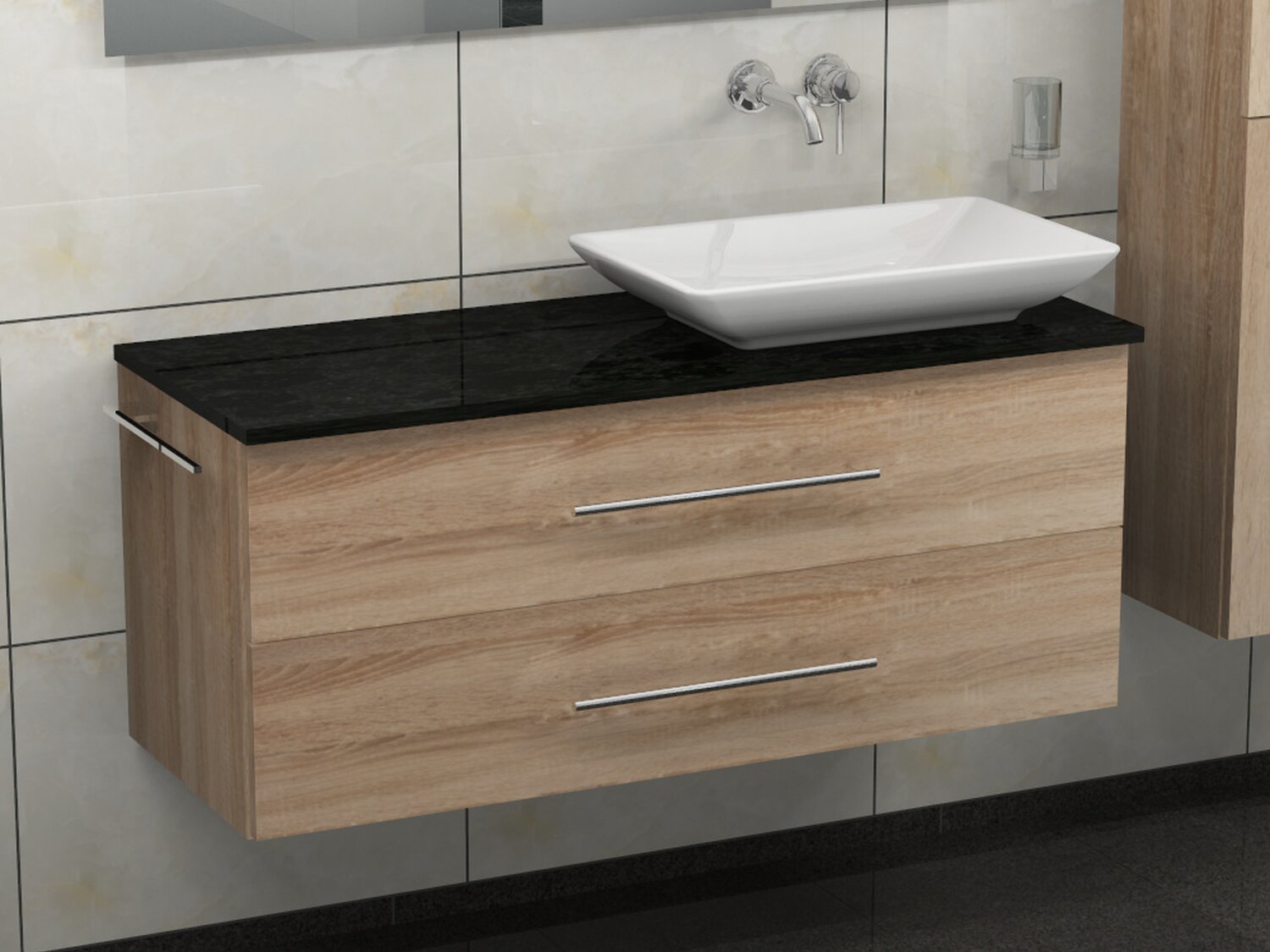 Flex Badm&ouml;bel 120, Eiche Gold, Keramik Waschbecken, Natursteinplatte
