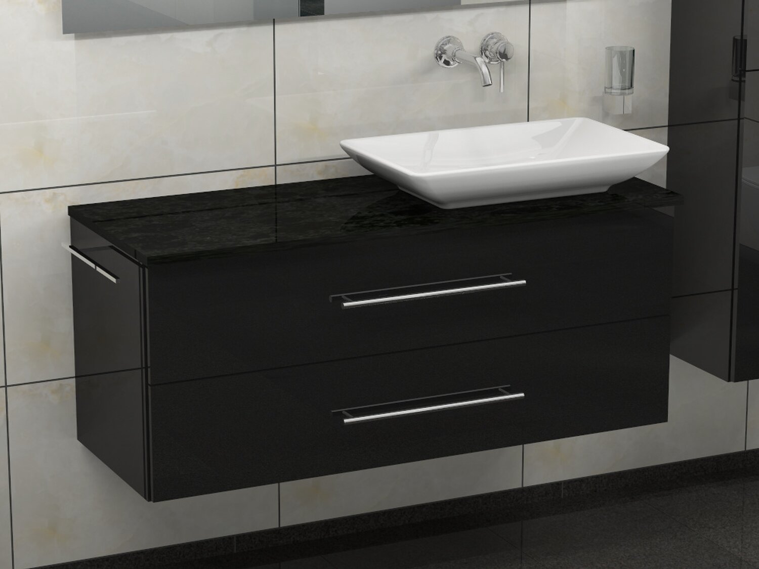 Flex Badm&ouml;bel 120, Schwarz Hochglanz Lackiert, Keramik Waschbecken, Natursteinplatte