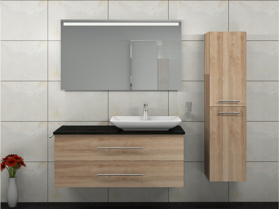 Flex Badm&ouml;bel 120, Eiche Gold, Keramik Waschbecken, Natursteinplatte