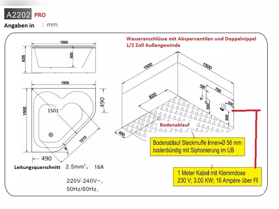 Whirlpool 150cm Eck-Badewanne PRO.A2202