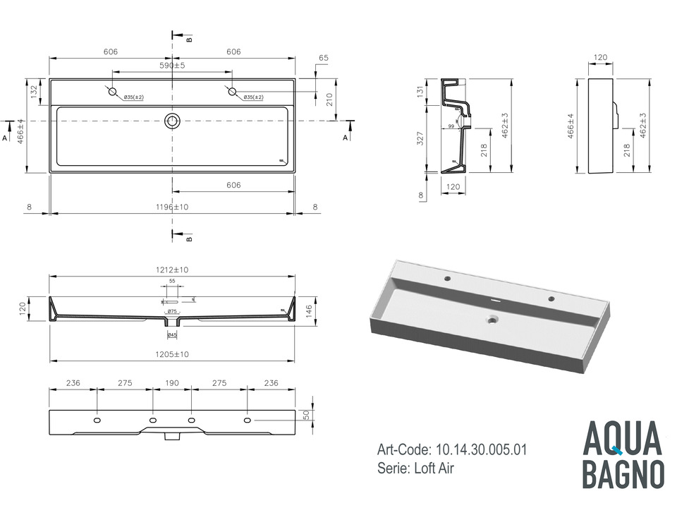 Doppelwaschtisch Aufsatzwaschtisch 121cm - Loft Air - 10.14.30.005.01