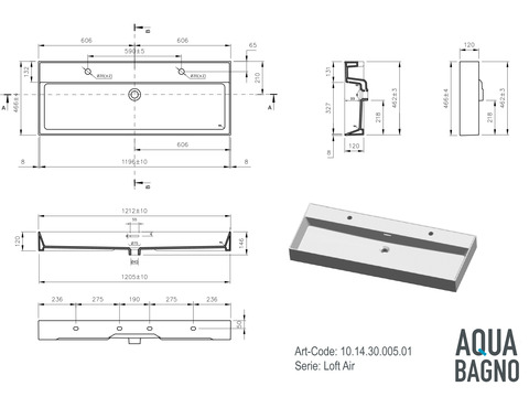Doppelwaschtisch Aufsatzwaschtisch 121cm - Loft Air - 10.14.30.005.01