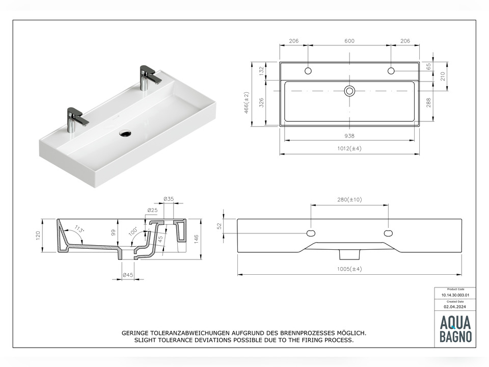 Doppelwaschtisch Aufsatzwaschtisch 101cm - Loft Air - 10.14.30.003.01