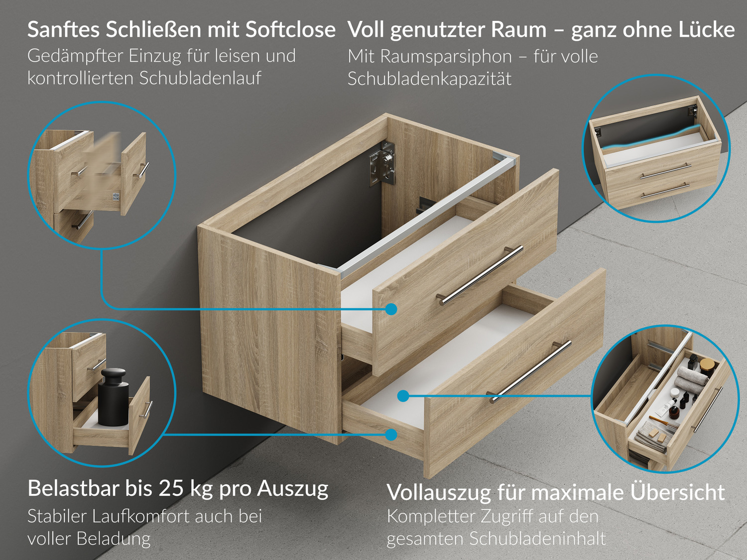 Flex Badm&ouml;bel 80, Eiche Gold, Keramik Waschbecken