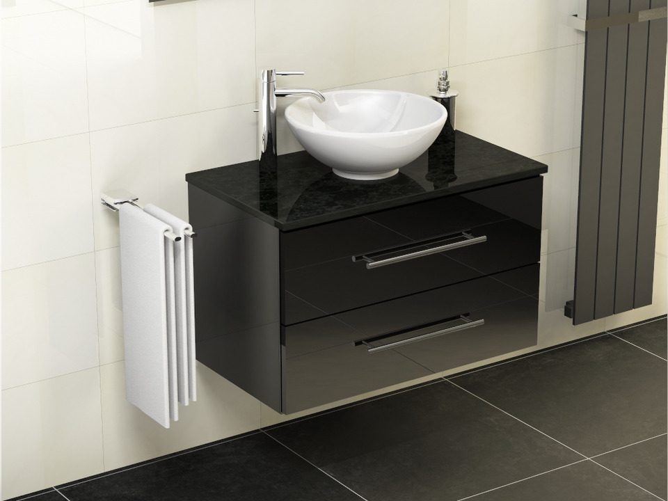 Flex Badm&ouml;bel 80, Schwarz Hochglanz Lackiert, Keramik Waschbecken, Natursteinplatte