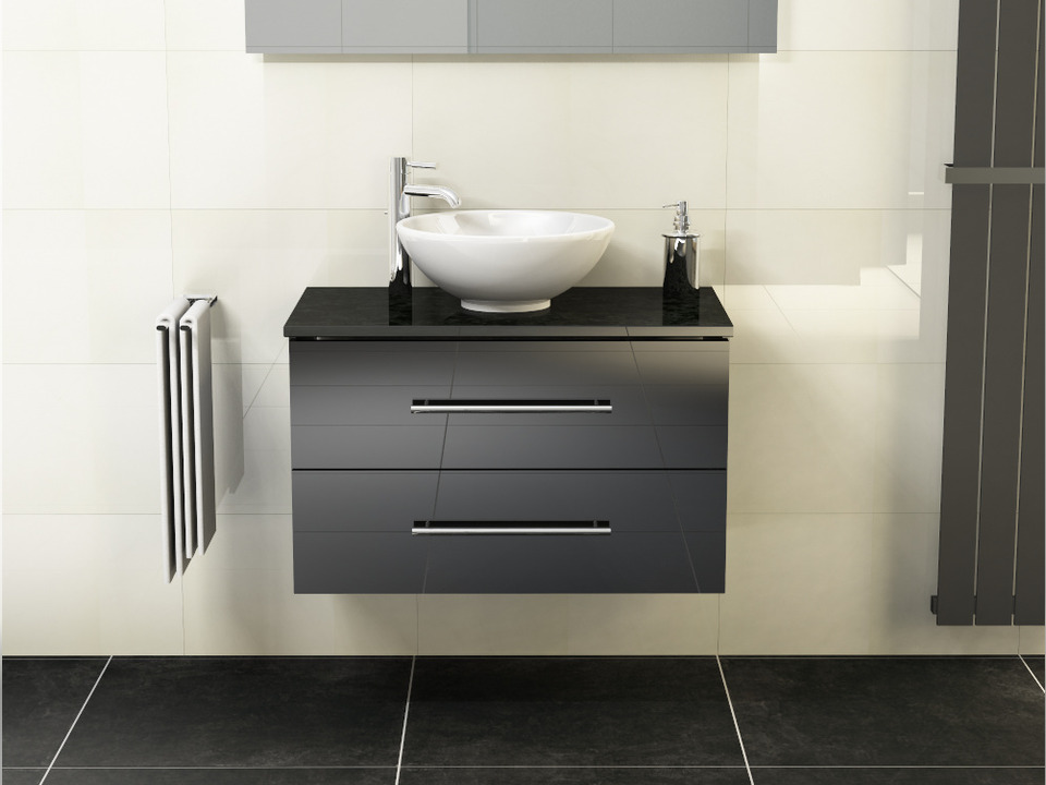 Flex Badm&ouml;bel 80, Schwarz Hochglanz Lackiert, Keramik Waschbecken, Natursteinplatte