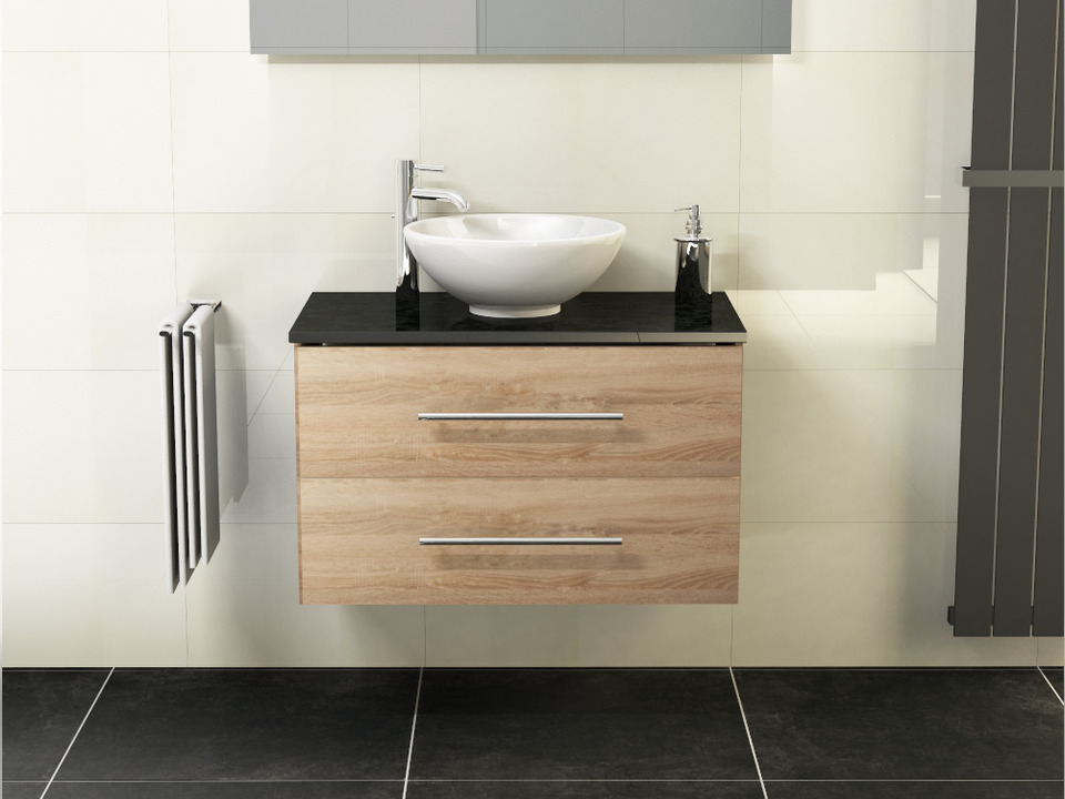 Flex Badm&ouml;bel 80, Eiche Gold, Keramik Waschbecken, Natursteinplatte