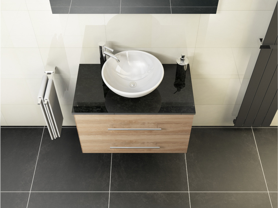 Flex Badm&ouml;bel 80, Eiche Gold, Keramik Waschbecken, Natursteinplatte