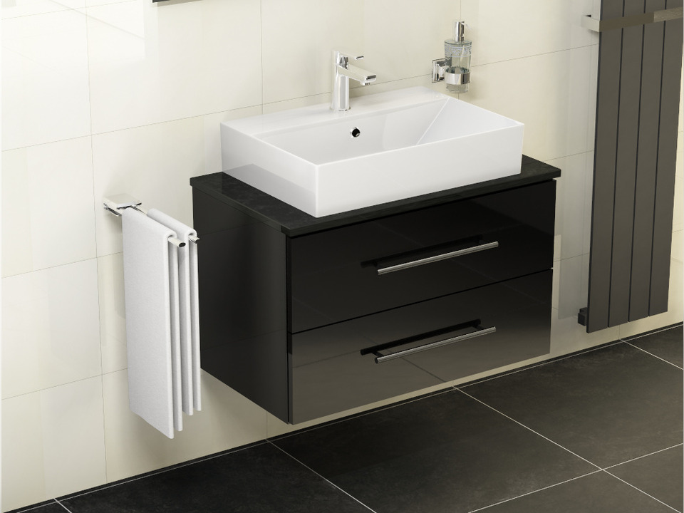 Flex Badm&ouml;bel 80, Schwarz Hochglanz Lackiert, Keramik Waschbecken, Natursteinplatte