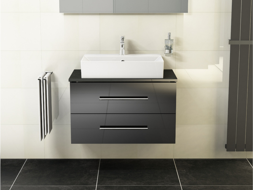 Flex Badm&ouml;bel 80, Schwarz Hochglanz Lackiert, Keramik Waschbecken, Natursteinplatte