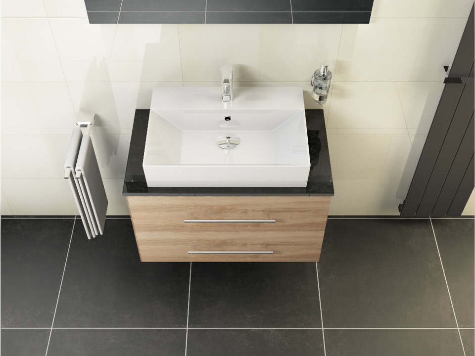 Flex Badm&ouml;bel 80, Eiche Gold, Keramik Waschbecken, Natursteinplatte