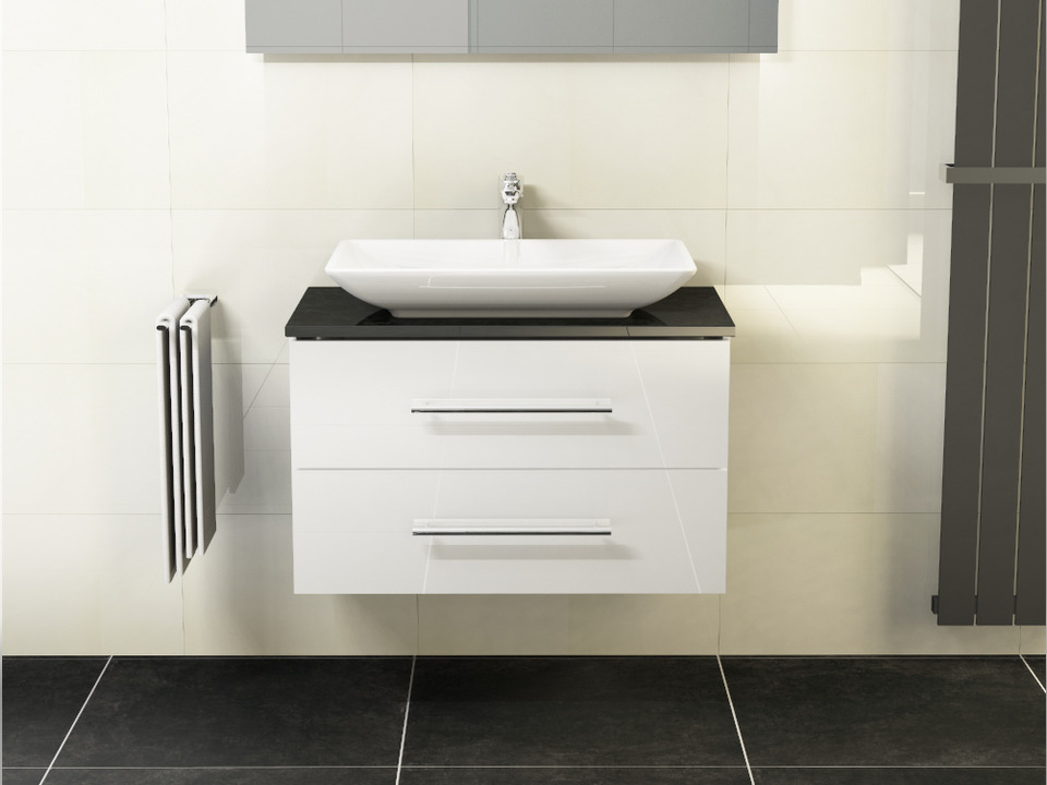 Flex Badm&ouml;bel 80, Wei&szlig; Hochglanz Lackiert, Keramik Waschbecken, Natursteinplatte