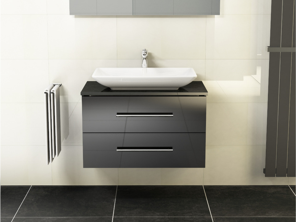 Flex Badm&ouml;bel 80, Schwarz Hochglanz Lackiert, Keramik Waschbecken, Natursteinplatte