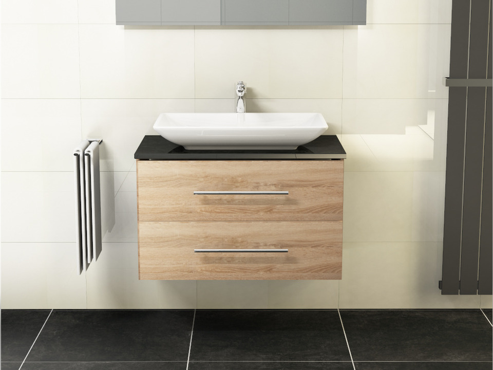 Flex Badm&ouml;bel 80, Eiche Gold, Keramik Waschbecken, Natursteinplatte