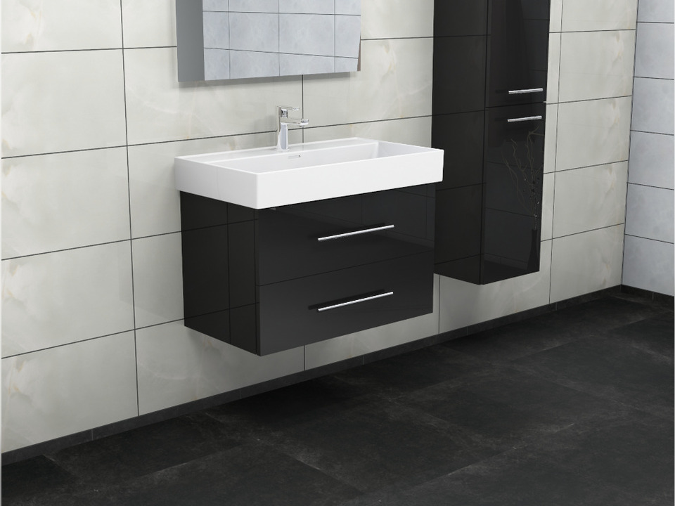 Flex Badm&ouml;bel 80, Schwarz Hochglanz Lackiert, Keramik Waschbecken