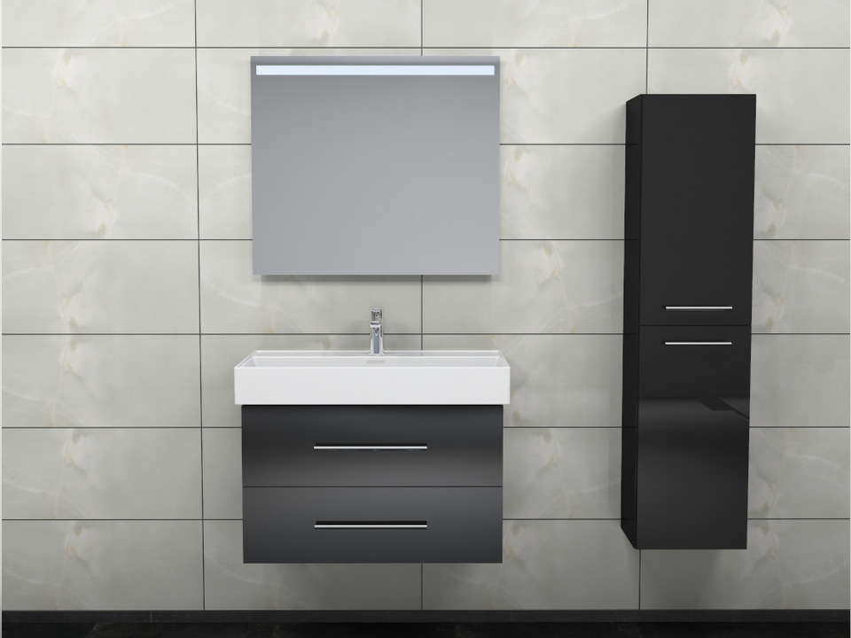 Flex Badm&ouml;bel 80, Schwarz Hochglanz Lackiert, Keramik Waschbecken