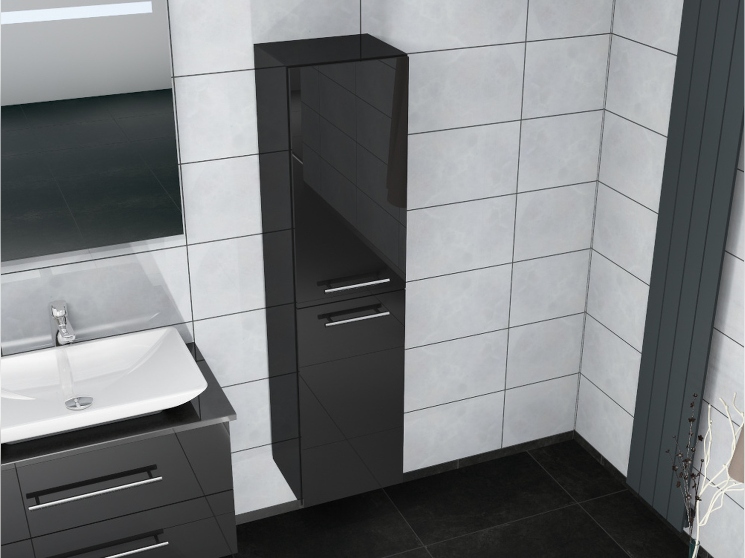 Aqua Bagno Seitenschrank Flex Serie schwarz hochglanz lackiert, (350x1400x300mm)