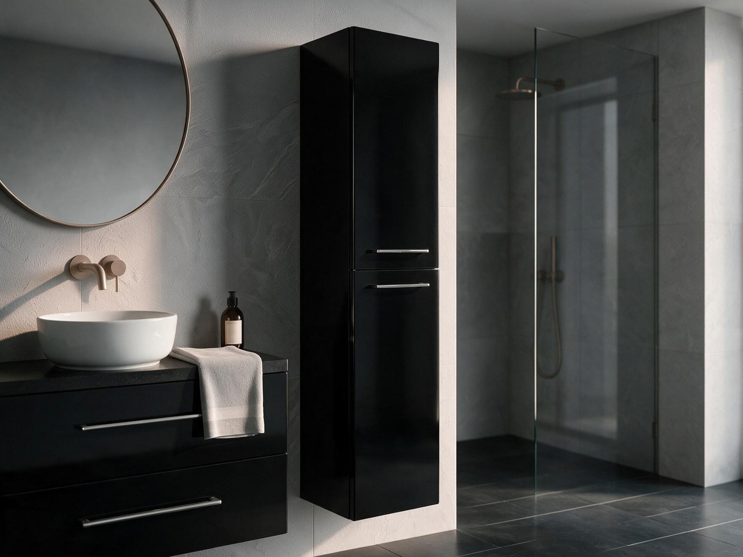 Aqua Bagno Seitenschrank Flex Serie schwarz hochglanz lackiert, (350x1400x300mm)