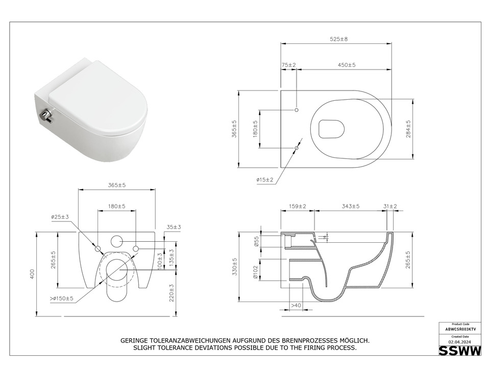 Wand Dusch WC Taharet - sp&uuml;lrandlos - mit abnehmbaren Softclose Toiletten-Sitz - Bidet - Keramik - ABWCSR003KTV