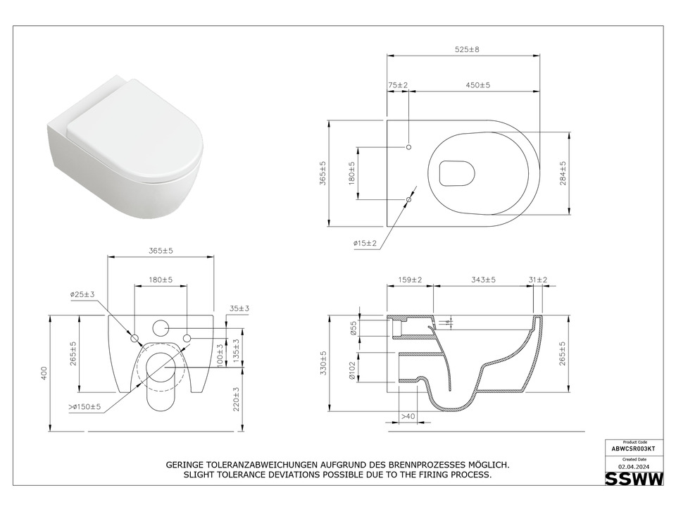 Wand H&auml;nge WC Toilette - sp&uuml;lrandlos - inkl. abnehmbaren Softclose Toiletten-Sitz - Keramik - 011.1052.064K