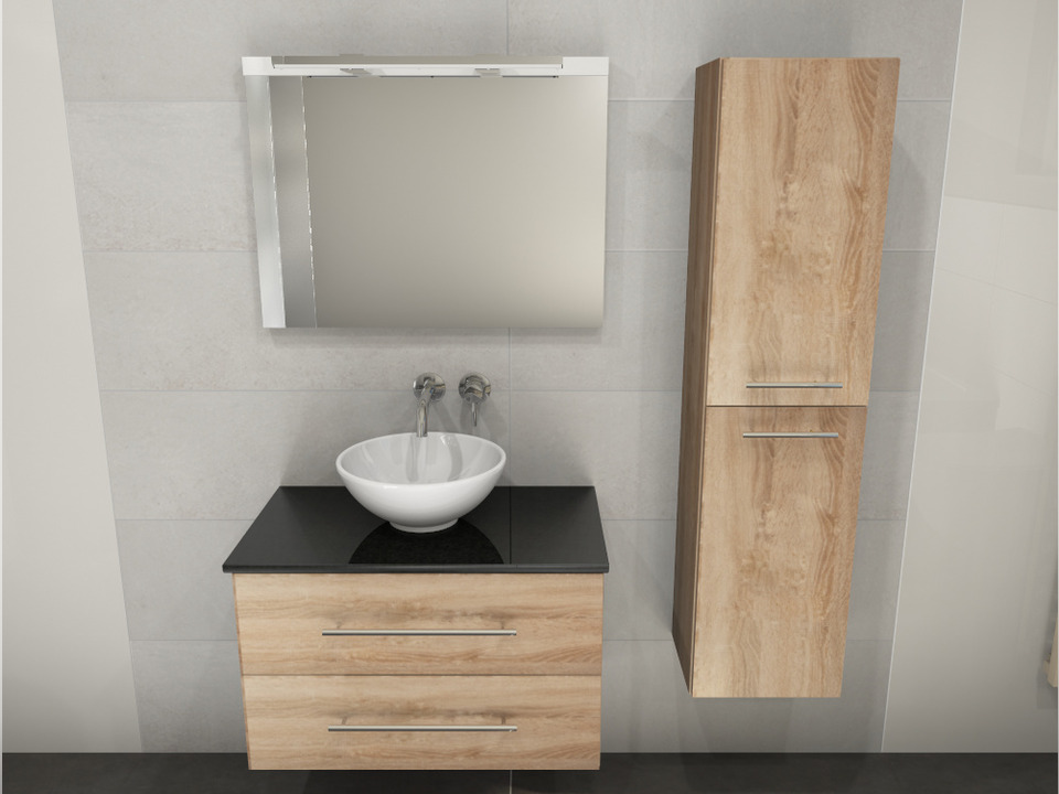 Flex Badm&ouml;bel 80, Eiche Gold, Keramik Waschbecken, Natursteinplatte