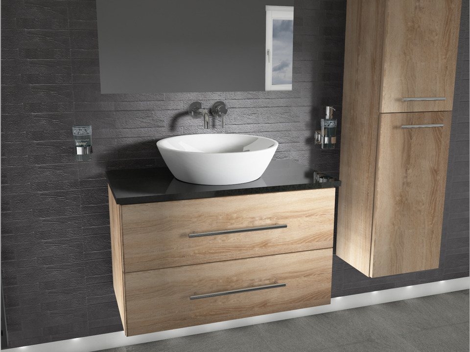 Flex Badm&ouml;bel 80, Eiche Gold, Keramik Waschbecken, Natursteinplatte