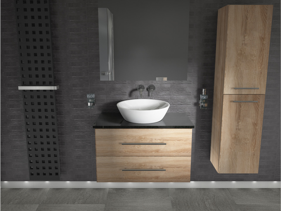 Flex Badm&ouml;bel 80, Eiche Gold, Keramik Waschbecken, Natursteinplatte