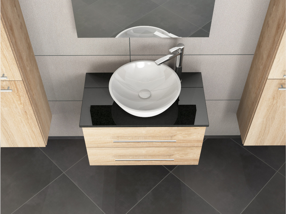 Flex Badm&ouml;bel 80, Eiche Gold, Keramik Waschbecken, Natursteinplatte
