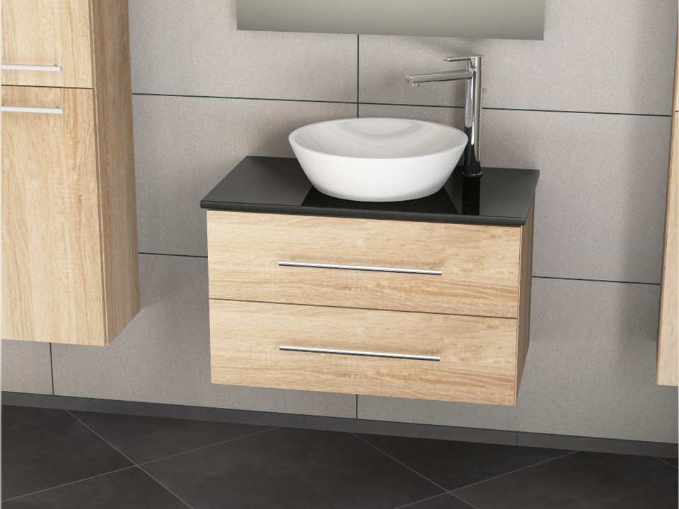 Flex Badm&ouml;bel 80, Eiche Gold, Keramik Waschbecken, Natursteinplatte