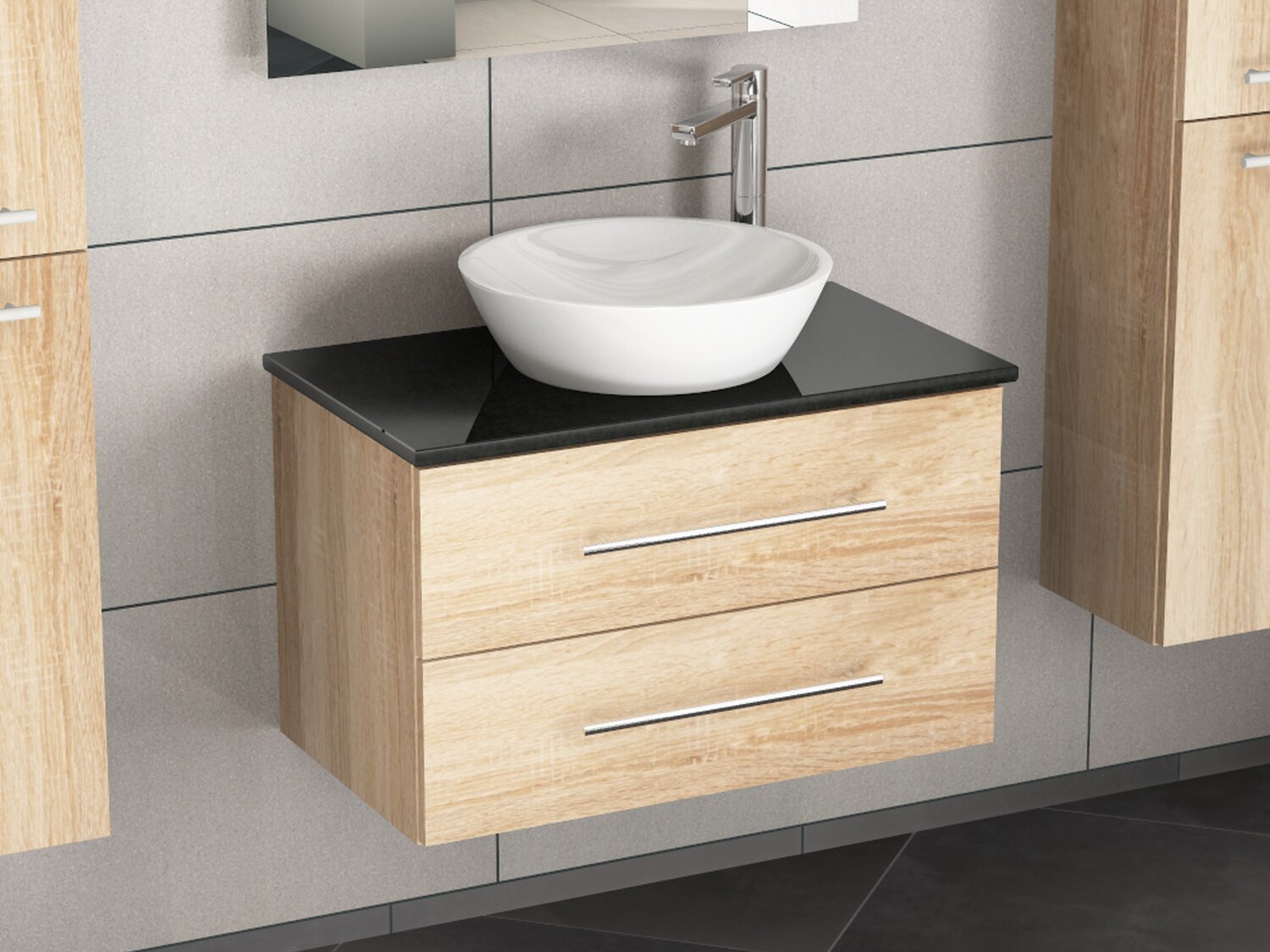 Flex Badm&ouml;bel 80, Eiche Gold, Keramik Waschbecken, Natursteinplatte