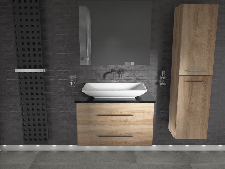 Flex Badm&ouml;bel 80, Eiche Gold, Keramik Waschbecken, Natursteinplatte