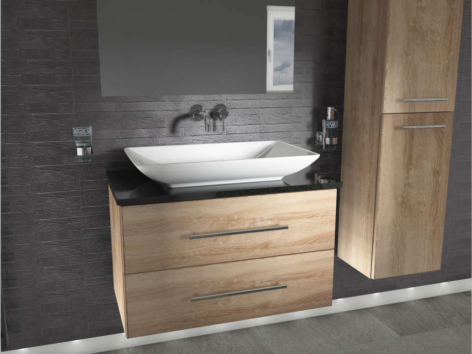 Flex Badm&ouml;bel 80, Eiche Gold, Keramik Waschbecken, Natursteinplatte