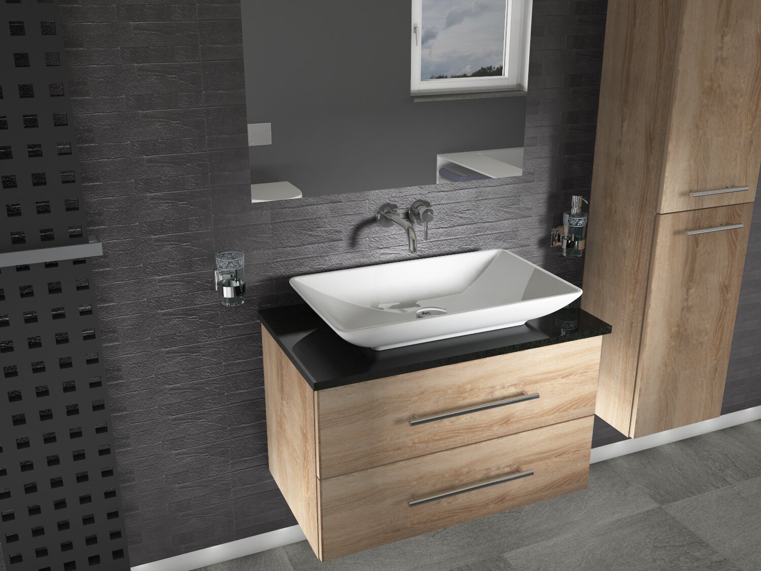 Flex Badm&ouml;bel 80, Eiche Gold, Keramik Waschbecken, Natursteinplatte