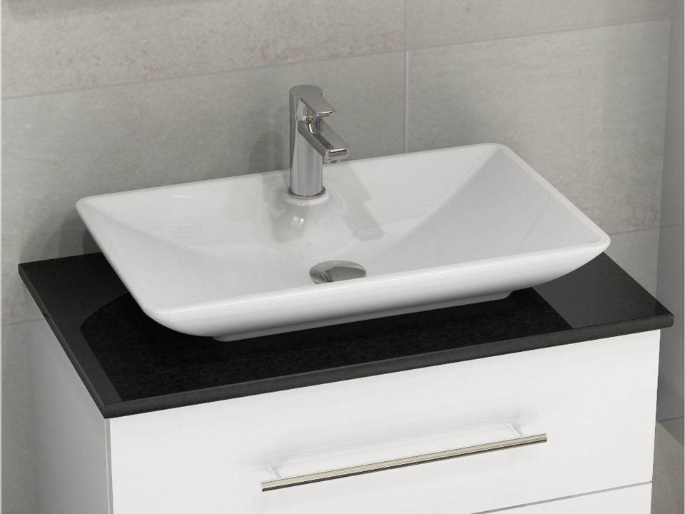 Flex Badm&ouml;bel 80, Wei&szlig; Hochglanz Lackiert, Keramik Waschbecken, Natursteinplatte