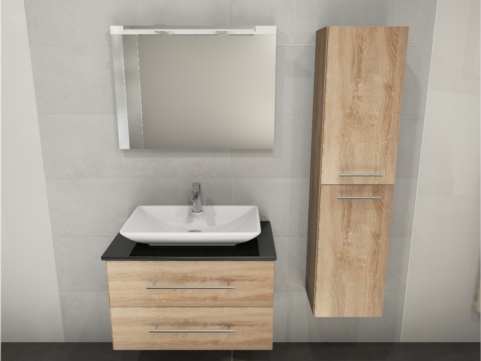Flex Badm&ouml;bel 80, Eiche Gold, Keramik Waschbecken, Natursteinplatte