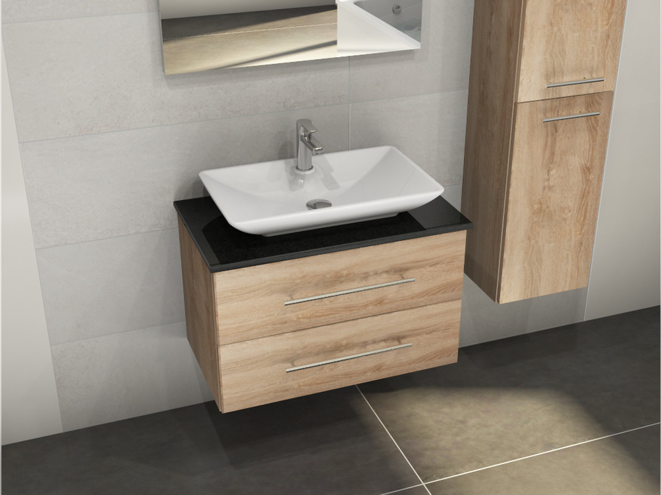 Flex Badm&ouml;bel 80, Eiche Gold, Keramik Waschbecken, Natursteinplatte