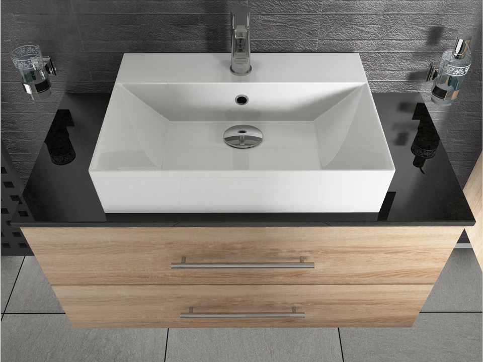 Flex Badm&ouml;bel 100, Eiche Gold, Keramik Waschbecken, Natursteinplatte