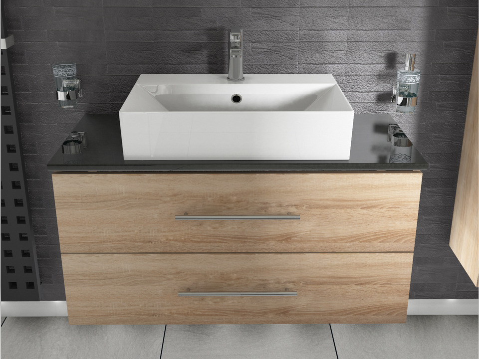 Flex Badm&ouml;bel 100, Eiche Gold, Keramik Waschbecken, Natursteinplatte