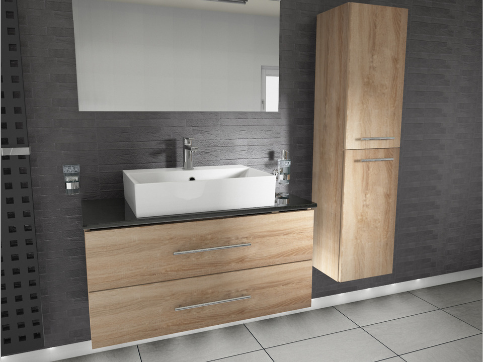 Flex Badm&ouml;bel 100, Eiche Gold, Keramik Waschbecken, Natursteinplatte